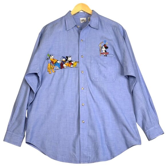Disney Store Blue Vintage Embroidered Mickey Minnie Fab 5 Button-Up Shirt Size M - Picture 1 of 9